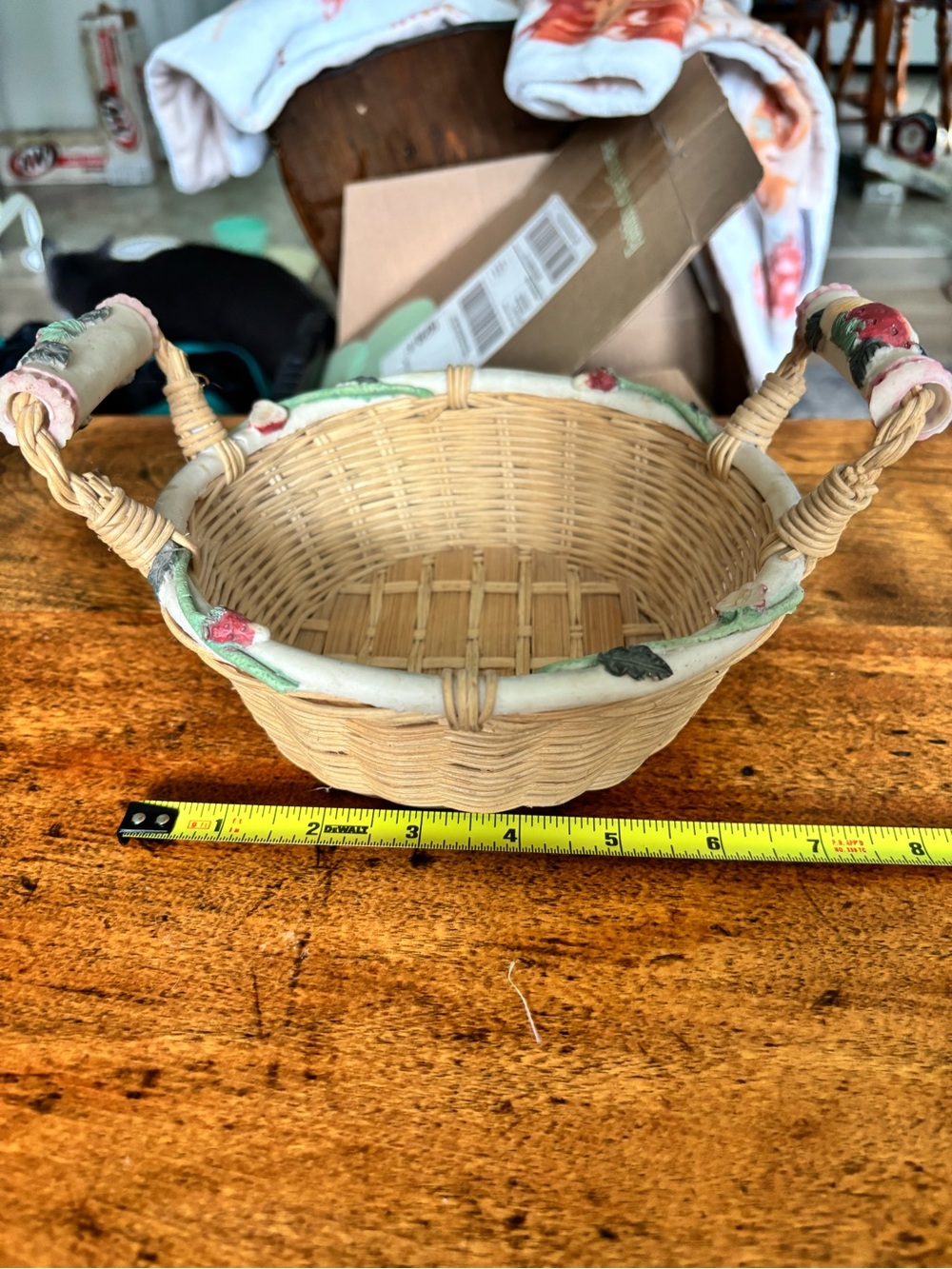 Vintage 90s Handwoven Wicker Basket Porcelain Trim Fruit Strawberry Home Decor